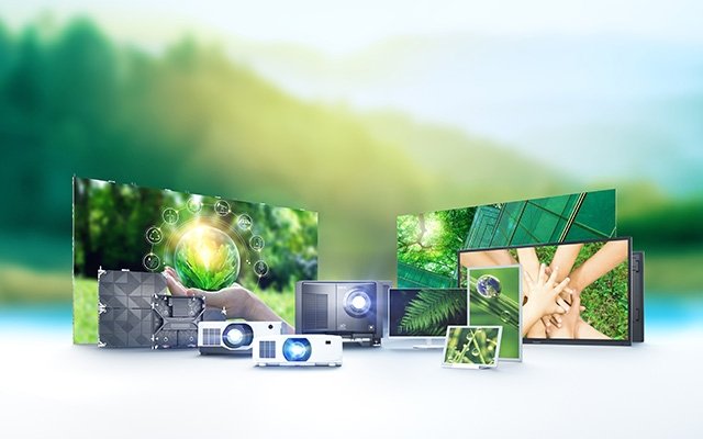 a line up of visual displays with a green theme