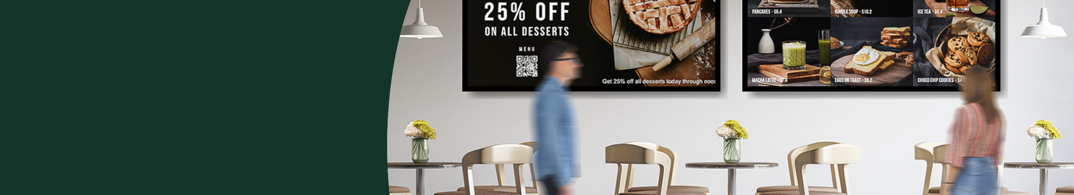 A café shows menu items on wall mounted screens.