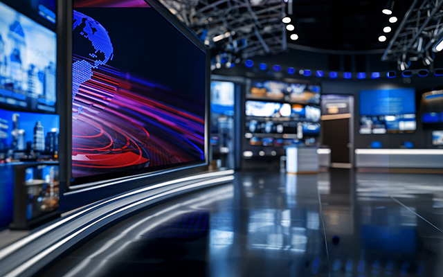 A TV news studio with LED backdrop