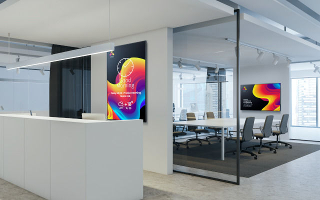 portrait and landscape oriented large format displays in an office